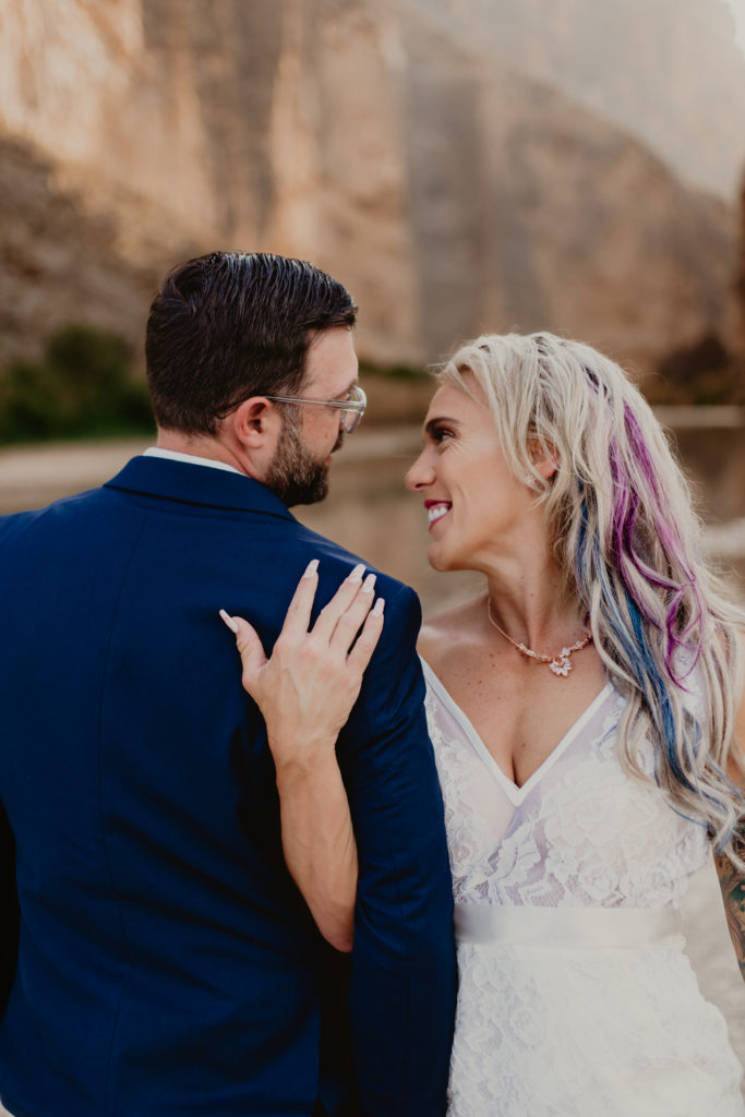 Couple having elopement ceremony in Santa Elena Canyon, Big Bend