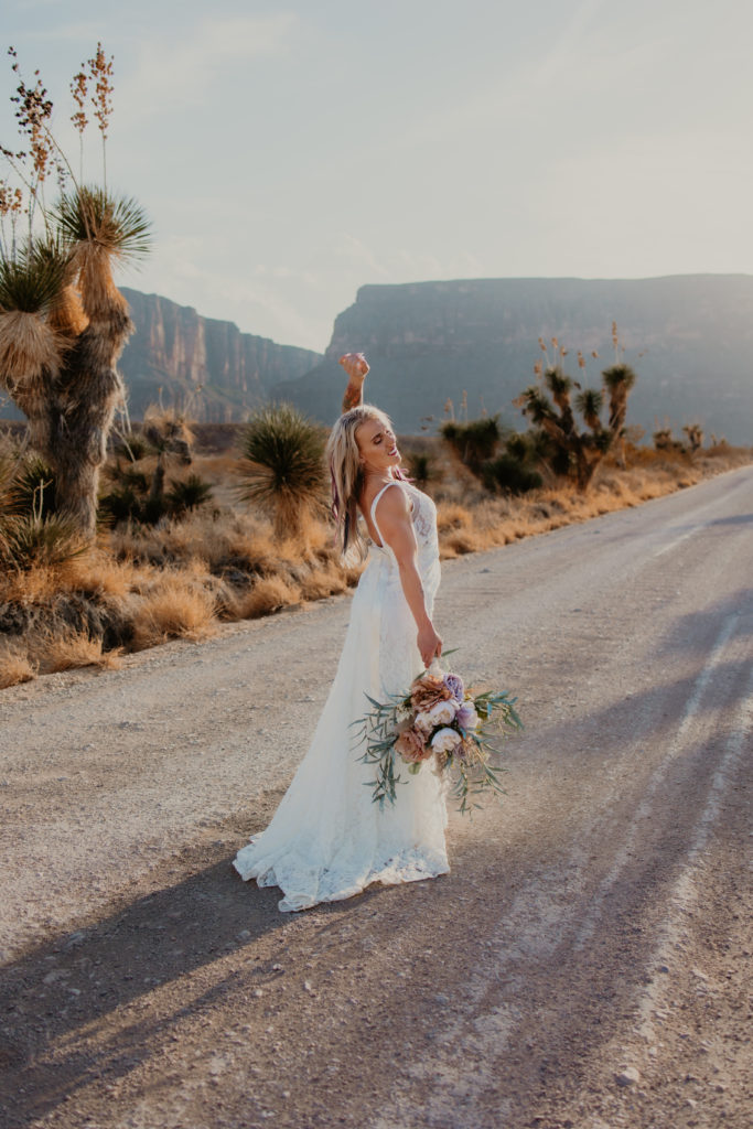 Bride celebrating elopement in Big Bend